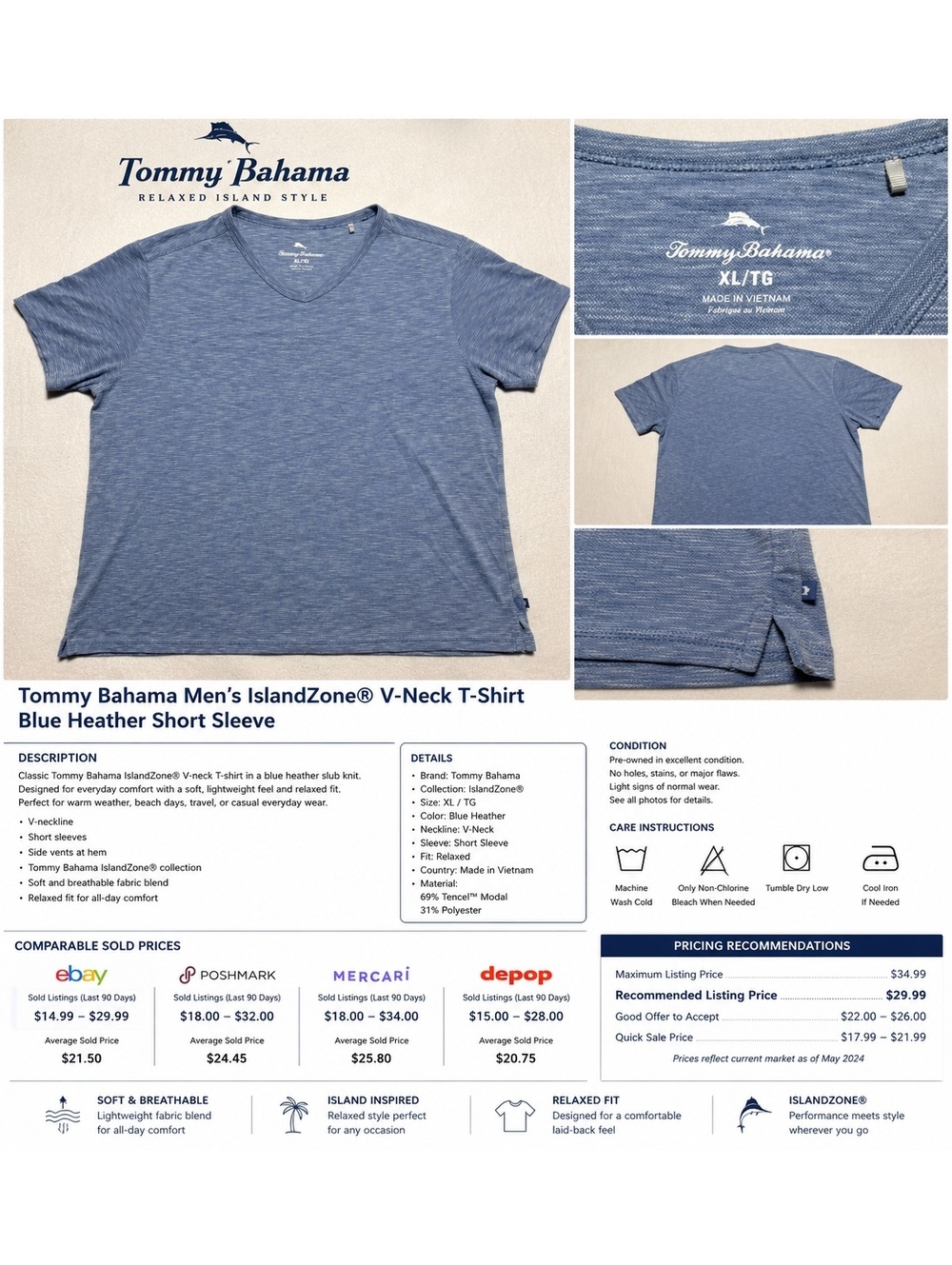 Tommy Bahama Men's IslandZone V-Neck Short Sleeve T-Shirt Blue Heather XL
